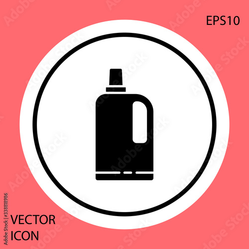 Black Fabric softener icon isolated on red background. Liquid laundry detergent, conditioner, cleaning agent, bleach. White circle button. Vector Illustration