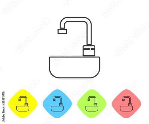 Grey line Washbasin with water tap icon isolated on white background. Set icons in color rhombus buttons. Vector Illustration