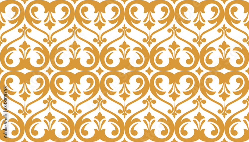 Wallpaper in the style of Baroque. Seamless vector background. White and gold floral ornament. Graphic pattern for fabric, wallpaper, packaging. Ornate Damask flower ornament