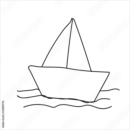 Doodle style origami folded paper boat floating on water in vector format