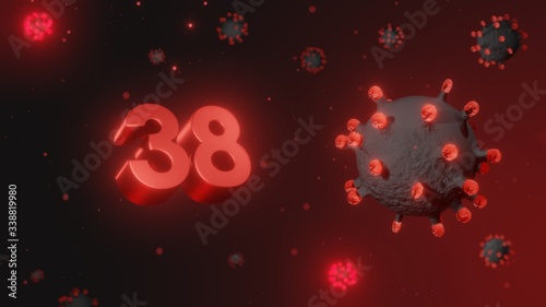 Number 38 in red 3d text on dark corona virus background  3d render  illustration  virus