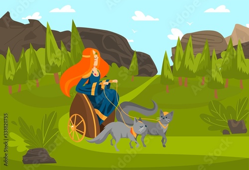 Woman character scandinavian redhead princess ride chariot, wildcat, nordic landscape, mountain, forest, flat vector illustration. Militant female royal travel around land, kingdom.