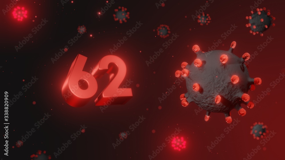 Number 62 in red 3d text on dark corona virus background, 3d render, illustration, virus Number 62 in red 3d text on dark corona virus background, 3d render, illustration, virus