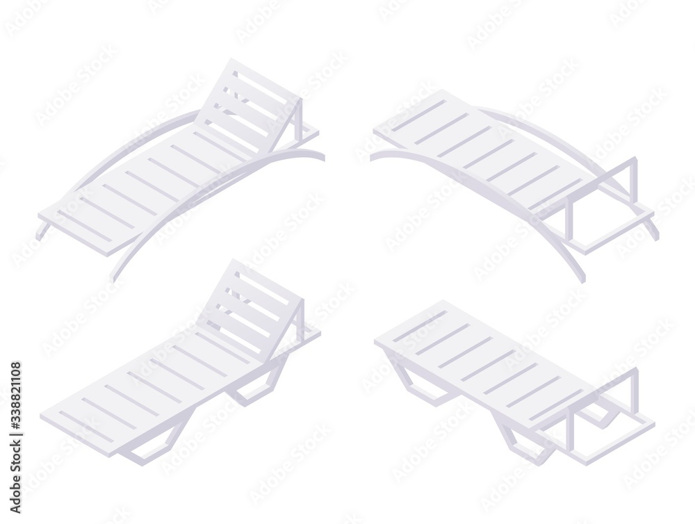 Fototapeta premium Isometric sunbeds on white background in various foreshortening.