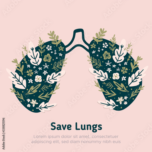 Save lungs illustration concept with flowers, ecology vector design, clean earth