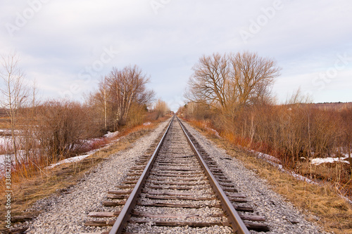 Railway track seen during an early morning in a rural part of Saint-Augustin-de-Desmaures, Quebec, Canada