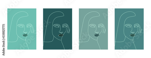 Set of template woman portraits. Posters of female head silhouette drawn in one line in a minimal graphic style. Trendy modern pencil avatar