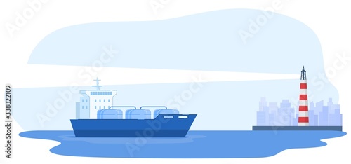 Large ship moor in city, lighthouse, urban background, industry concept banner, flat vector illustration, isolated on white. Industrial place, ship carrying oil, petrol, gas, industry production.