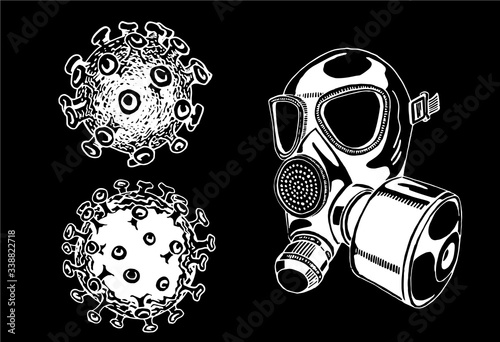 Coronavirus set, graphical sketch of virus and gas mask isolated on black bakground, vector illustration