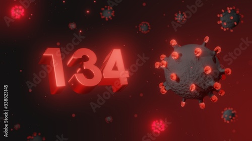 Number 134 in red 3d text on dark corona virus background, 3d render, illustration, virus