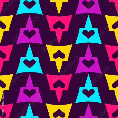 Seamless pattern with colorful geometric shapes with hearts.