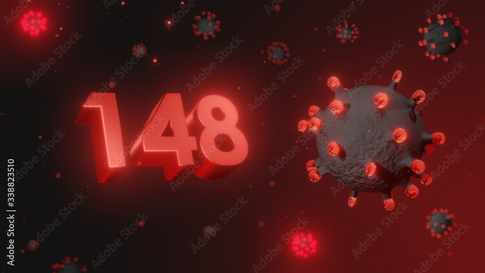 Number 148 in red 3d text on dark corona virus background, 3d render, illustration, virus Number 148 in red 3d text on dark corona virus background, 3d render, illustration, virus
