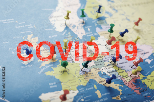 Map of Europe with colored buttons indicating cities and coordinates of the spread of the covid-19 coronavirus pandemic infection.