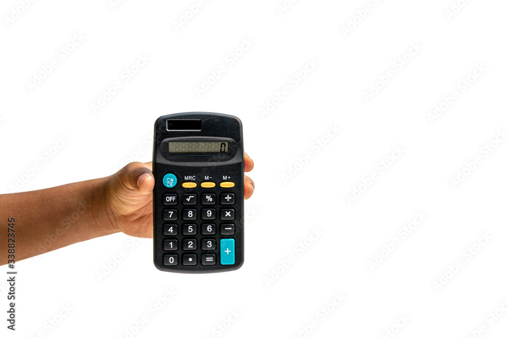 Hand holding calculator isolated on white background. Hand holding calculator isolated on white background.
