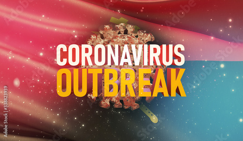Coronavirus COVID-19 outbreak concept, health threatening virus, background waving national flag of Angola. Pandemic stop Novel Coronavirus outbreak covid-19 3D illustration.