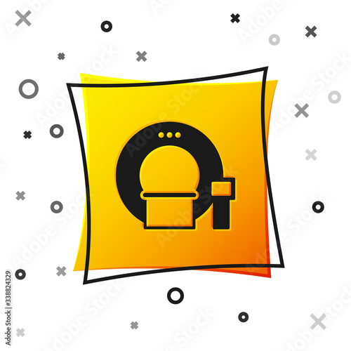 Black Tomography icon isolated on white background. Medical scanner, radiation. Diagnosis, radiology, magnetic resonance therapy. Yellow square button. Vector Illustration