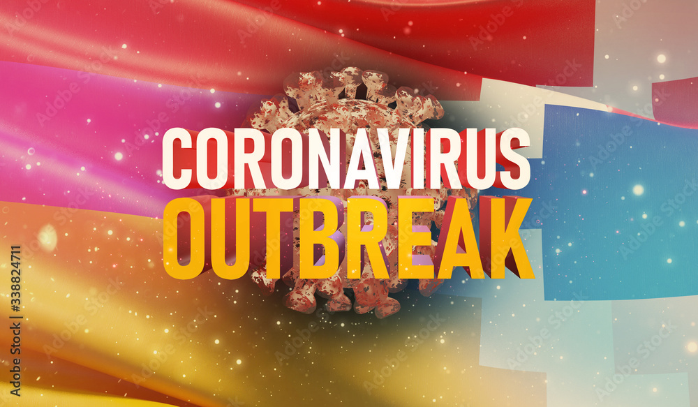 Coronavirus COVID-19 outbreak concept, health threatening virus, background waving national flag of Artsakh. Pandemic stop Novel Coronavirus outbreak covid-19 3D illustration. Coronavirus COVID-19 outbreak concept, health threatening virus, background waving national flag of Artsakh. Pandemic stop Novel Coronavirus outbreak covid-19 3D illustration.