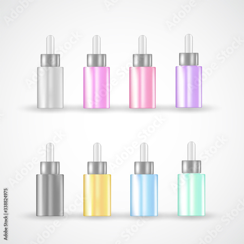 Glass bottles for beauty product template set with droplets isolated on white background. Silver caps and plastic container materials for skin care essences, organic serums, acids or nutritive oils.