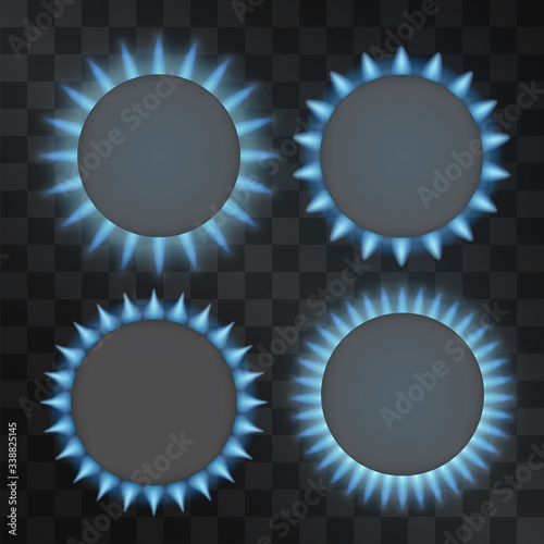 Vector natural gas burner light effect set, burning blue flames of stove ment to cook or to show resource spending. Cooking kitchen hob with combustible propane, butane or other gaseous flammables.
