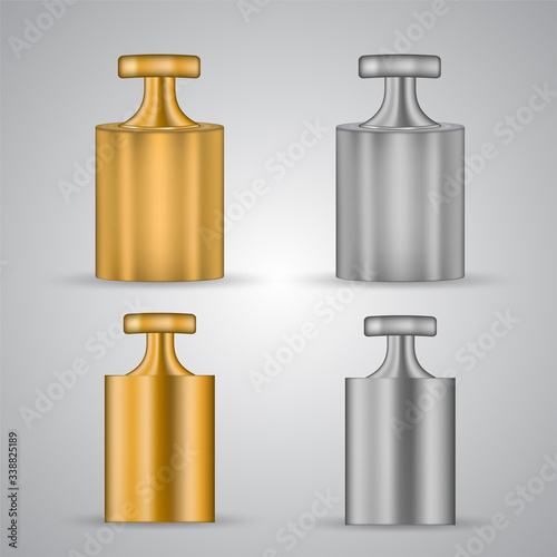 Vintage kitchen metallic weights in silver and gold isolated on white background. Weight units for mass measurnent with old fashioned scales equipment. 3d templates set with copy space for branding.