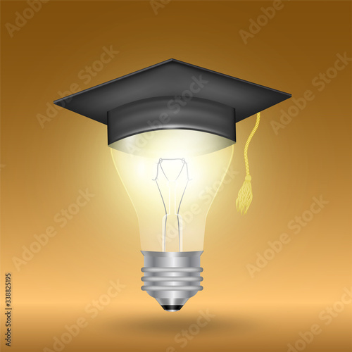 Square academic cap, typical american graduation hat on a light bulb. Part of graduation ceremony uniform. Innovation in educational realm concept. Distance education, effective or productive learning