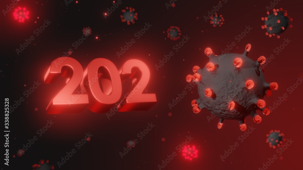 Number 202 in red 3d text on dark corona virus background, 3d render, illustration, virus Number 202 in red 3d text on dark corona virus background, 3d render, illustration, virus
