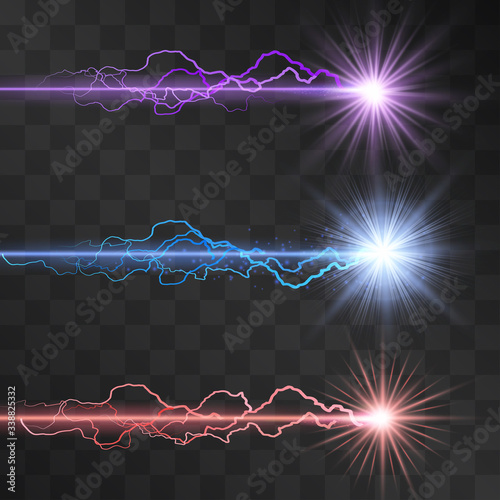 Laser beam light effects, burning explosion isolated on transparent background. Vector neon energy, glowing ray with lightnings, burst ends. Hi tech modern shining design element for text ads, posters