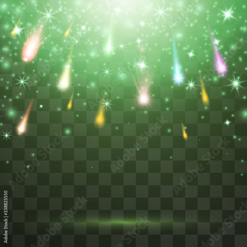 Summer green top illumination vector light effect, projector rays with shining halo. Falling magical glittering sparkles, fireworks. Brilliance design on transparent background. Warm feeling of grace.