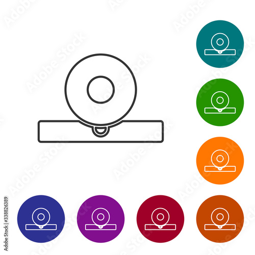 Black line Otolaryngological head reflector icon isolated on white background. Equipment for inspection the patient's ear, throat and nose. Set icons in color circle buttons. Vector Illustration