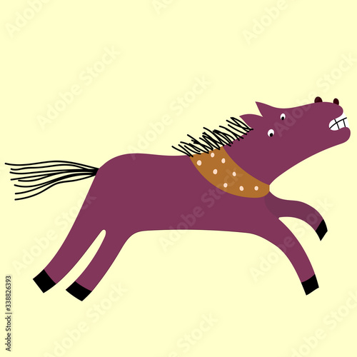 Funny galloping violet horse wearing bandana . Cute vector cartoon childish illustration.