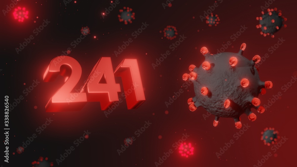 Number 241 in red 3d text on dark corona virus background, 3d render, illustration, virus Number 241 in red 3d text on dark corona virus background, 3d render, illustration, virus