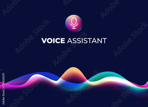 Voice assistant concept page. Personal mobile voice recognition, abstract sound waves. Microphone icon and neon music equalizer. Smart home ui element. Speaking waveform, gradient vector flow.