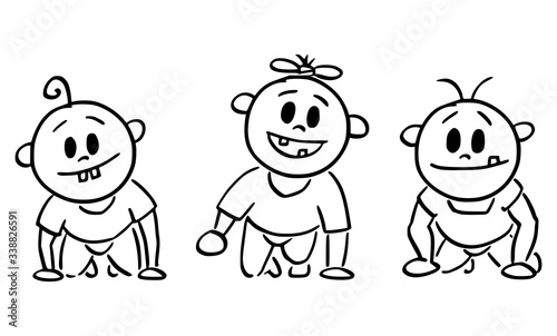 Vector cartoon stick figure drawing conceptual illustration of three cute smiling baby toddlers or babies facing viewer.