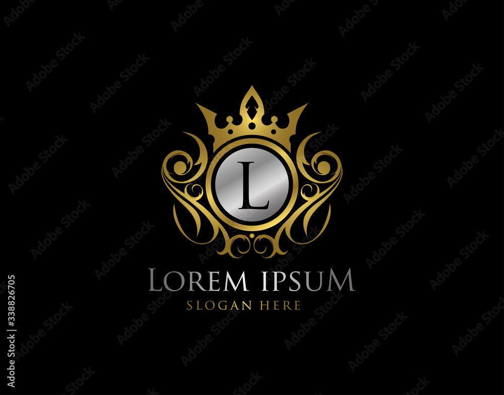 Royal Queen L Letter Gold Logo, Golden L Classic Crown. Royal Queen L Letter Gold Logo, Golden L Classic Crown.
