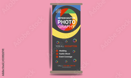 creative and unique rainbow color photo graphy roll up banner template.