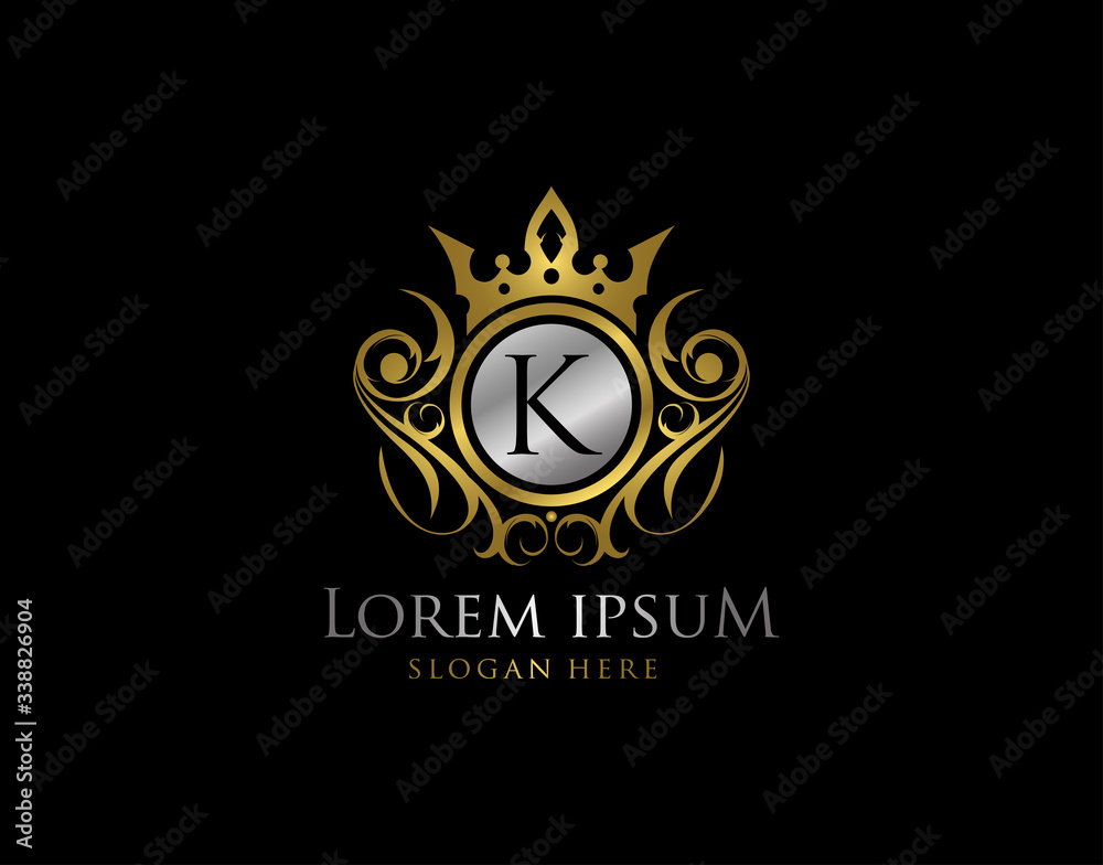Fototapeta premium Royal Queen K Letter Gold Logo, Golden K Classic Crown.