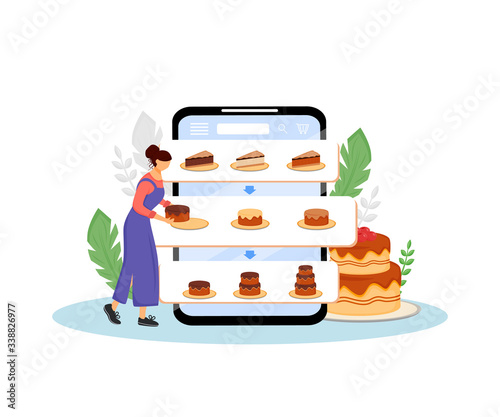 Online cakes ordering flat concept vector illustration. Female cook, pastry chef 2D cartoon character for web design. Sweet bakery order and delivery internet service creative idea