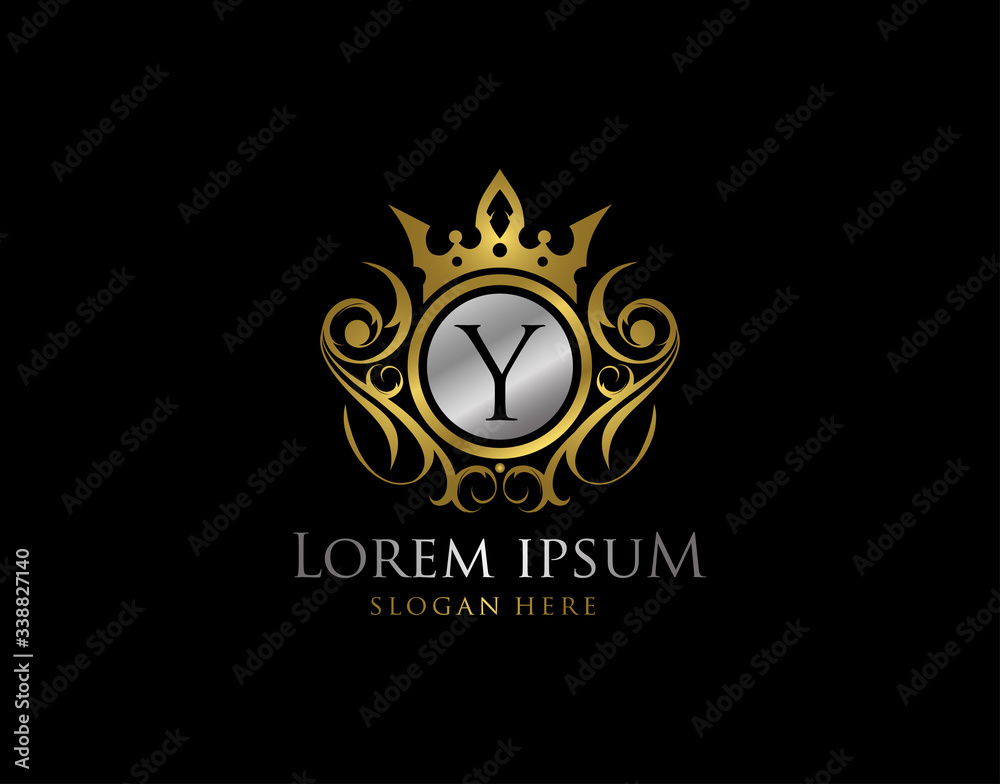 Royal Queen Y Letter Gold Logo, Golden Y Classic Crown. Royal Queen Y Letter Gold Logo, Golden Y Classic Crown.