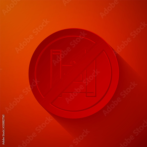 Paper cut Say no to plastic bags poster icon isolated on red background. Disposable cellophane and polythene package prohibition sign. Paper art style. Vector Illustration