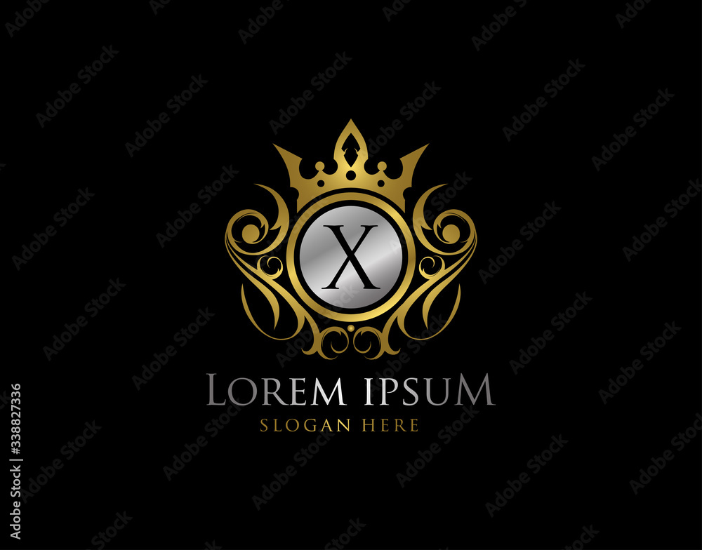 Royal Queen X Letter Gold Logo, Golden X Classic Crown. Royal Queen X Letter Gold Logo, Golden X Classic Crown.