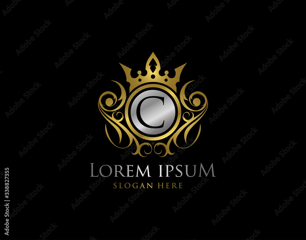 Fototapeta premium Royal Queen C Letter Gold Logo, Golden C Classic Crown.