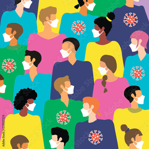 people in medical face mask. Concept of coronavirus quarantine seamless pattern flat vector. Coronavirus covid pattern. society of different races wearing masks against coronavirus
