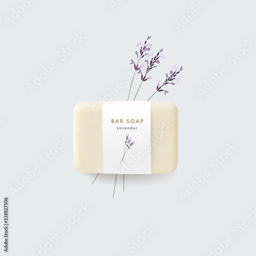 3D realistic bar soap illustration mock-up, template with paper label. Hand drawn blooming lavender herbs, flowers. Vector floral background. Hygiene, spa and herbal cosmetics product branding concept