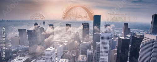 Urban landscape with the top portion of a warm-toned dollar bill in the horizon blending in with the sunrise.