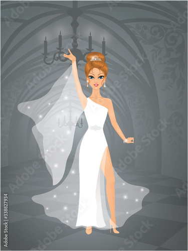 Cute bride in a castle. She is wearing an elegant wedding dress. 