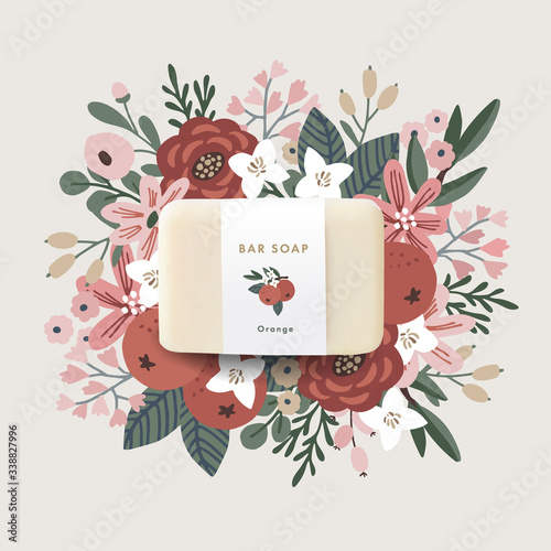3D realistic bar soap illustration mock-up, template with paper label. Hand drawn orange fruit, leaves and flowers. Vector floral background. Hygiene, spa and herbal cosmetics product branding concept