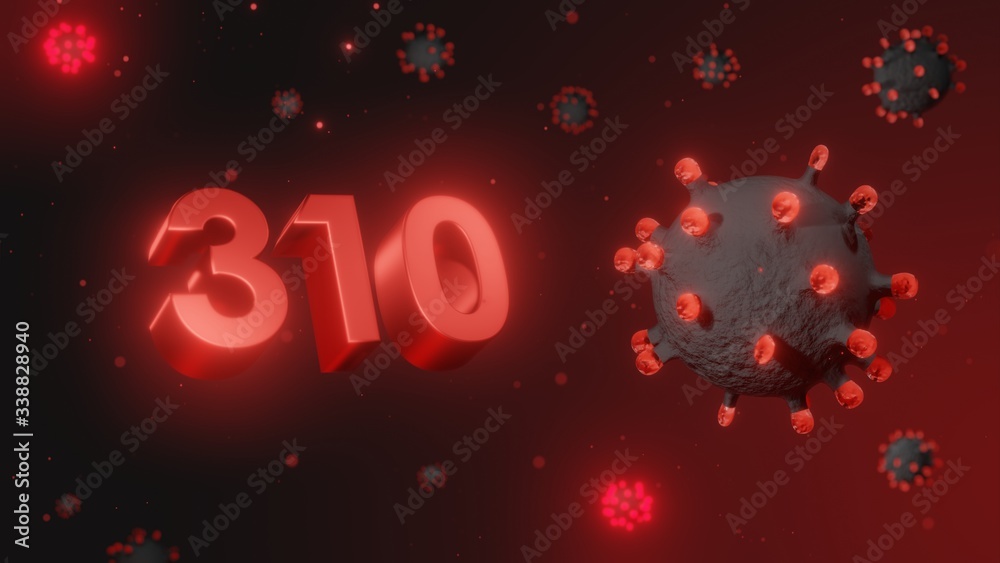 Number 310 in red 3d text on dark corona virus background, 3d render, illustration, virus Number 310 in red 3d text on dark corona virus background, 3d render, illustration, virus