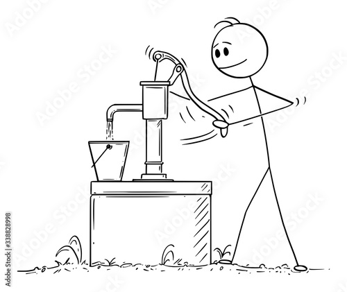 Vector cartoon stick figure drawing conceptual illustration of man or farmer pumping or drawing water from well .