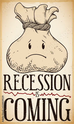 Retro Poster with Sad Money Bag Forecasting Economic Recession, Vector Illustration