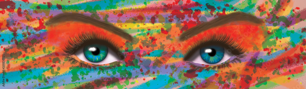 Close up of womans eyes with kaleidiscope painting . Long horizontal 